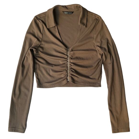 Shein Women’s V-neck Crop Cardigan Jacket size M (6 US), Solid Brown, Zip Front - Picture 1 of 9